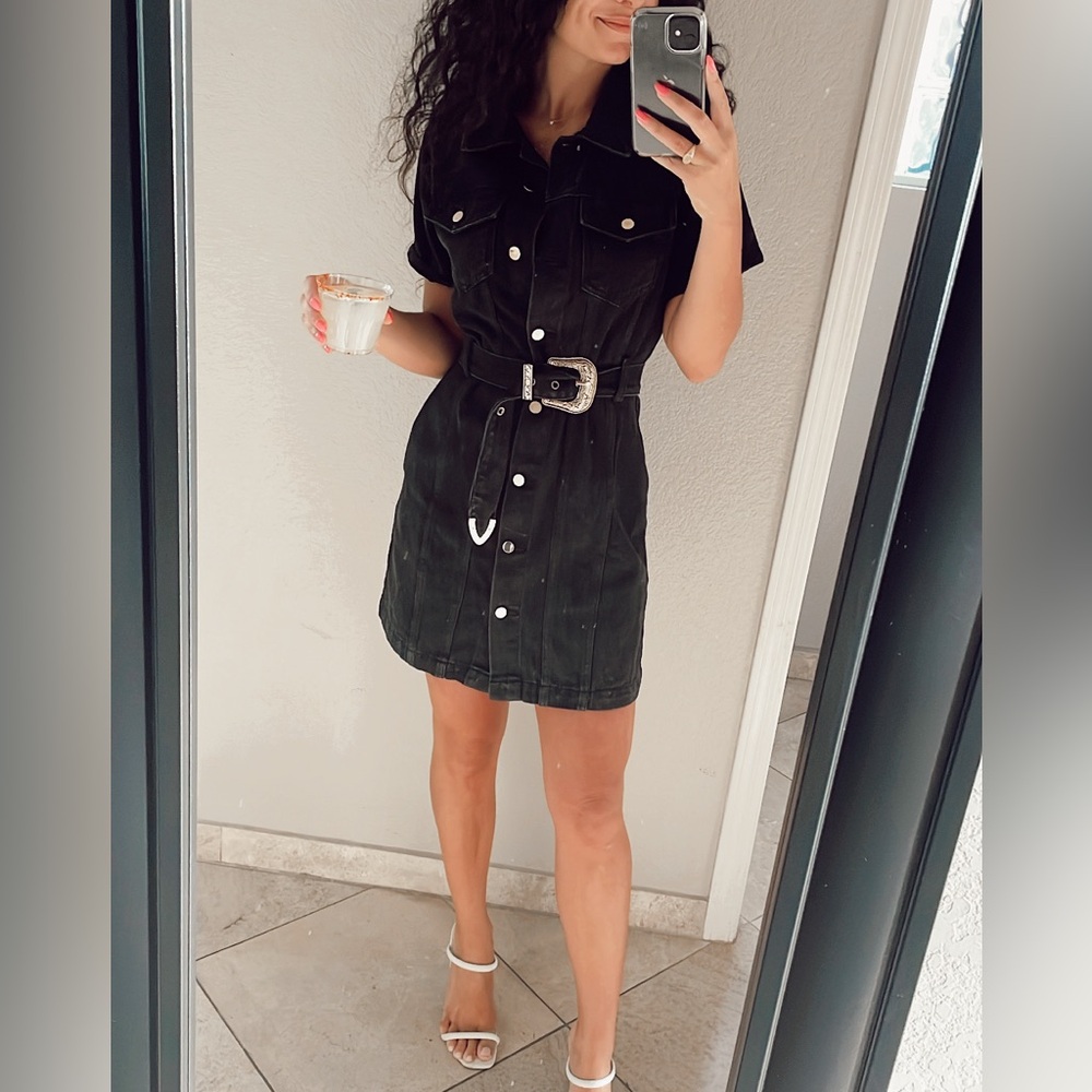 Black Denim Belted Dress